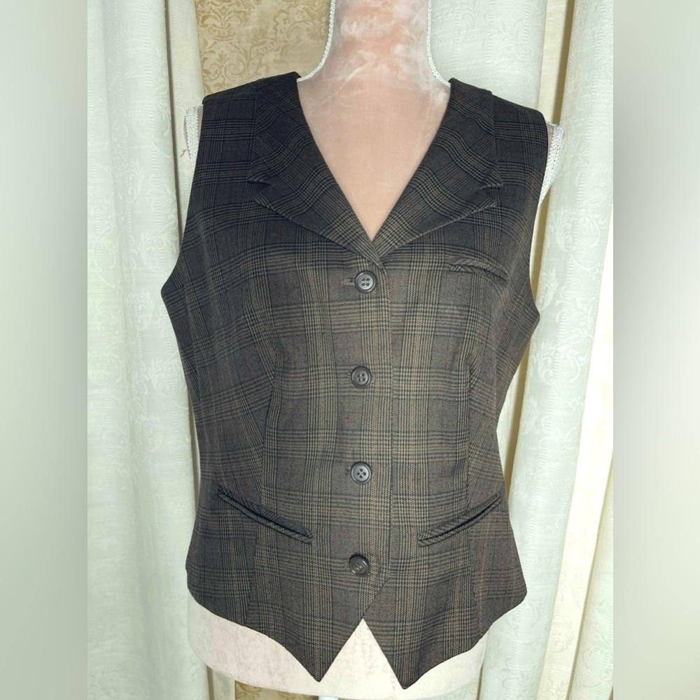 Jones New York Platinum Women’s Plaid Vest Size 16 Brown Black Checkered